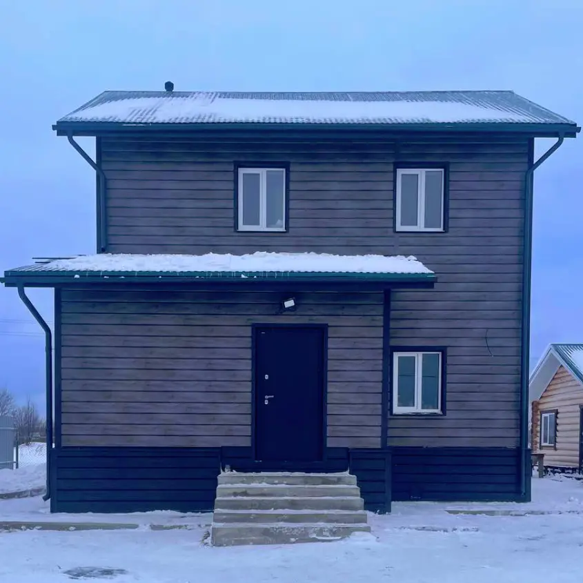 Фасад 2 металлосайдинг Евро-Брус Винтаж, цоколь Черное Дерево 3D