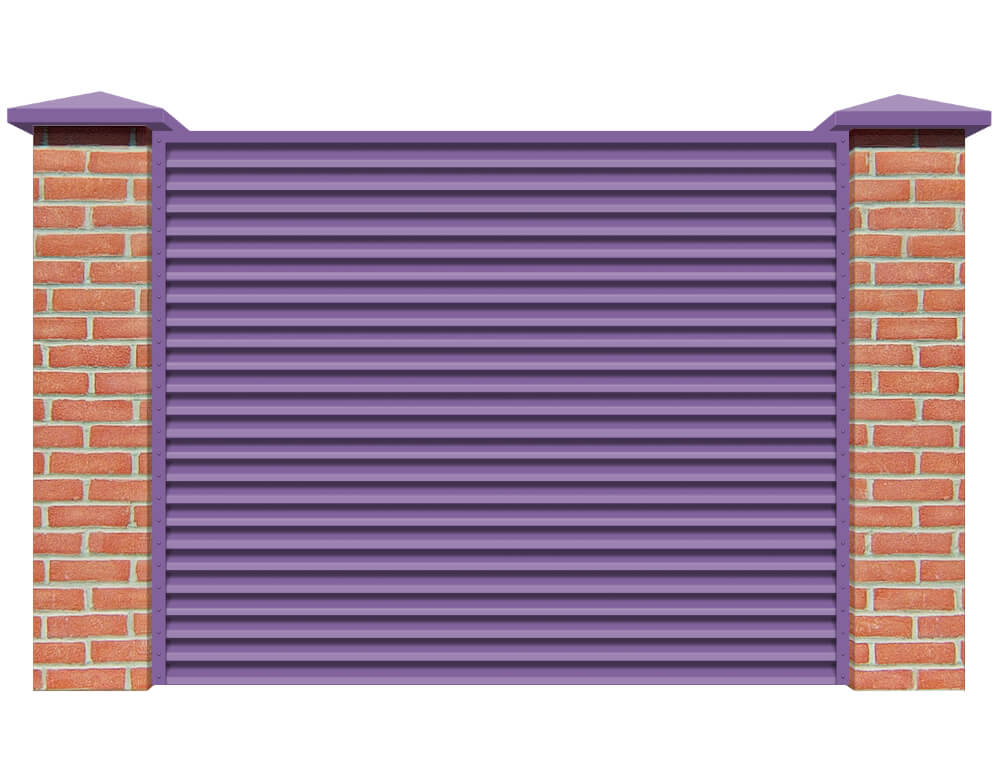 Секция забора жалюзи из ламелей Жалюзи ЭКО-Z RAL4005 Сиреневый с кирпичными столбами анфас