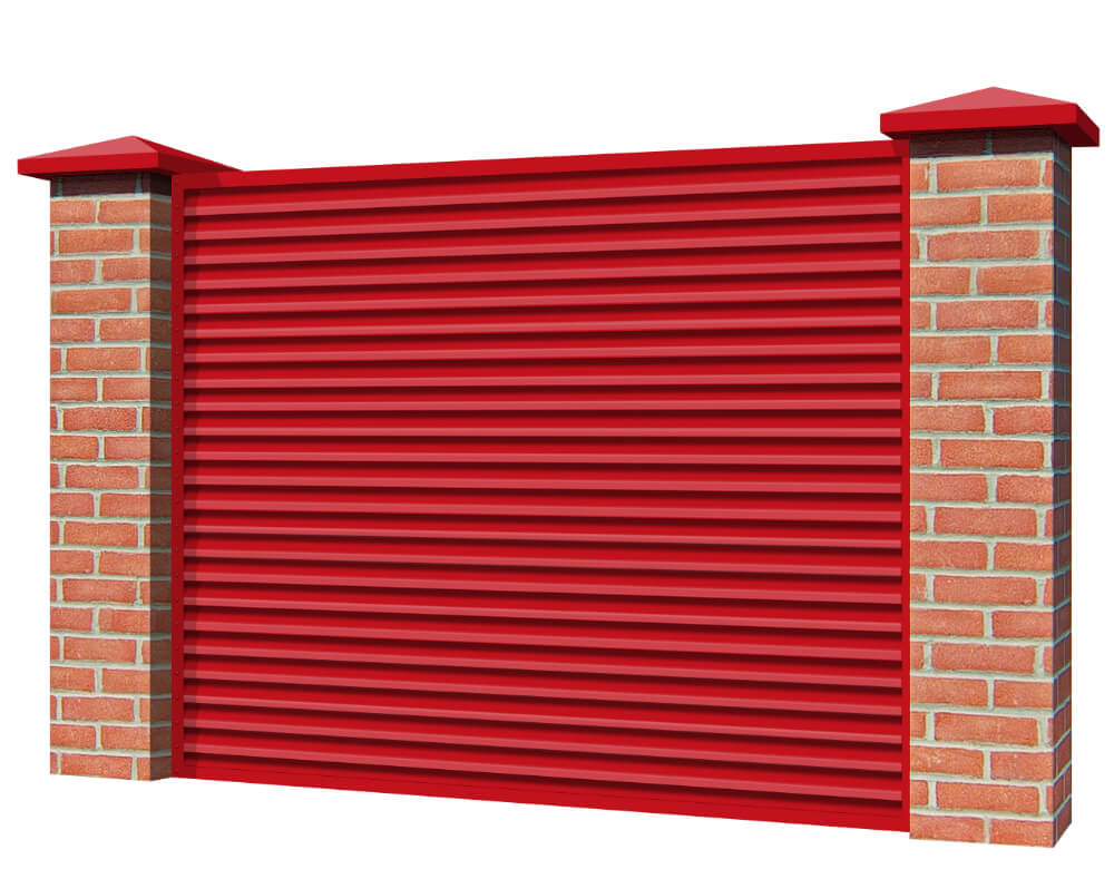 Секция забора жалюзи из ламелей Жалюзи ЭКО-Z RAL3020 Красный с кирпичными столбами