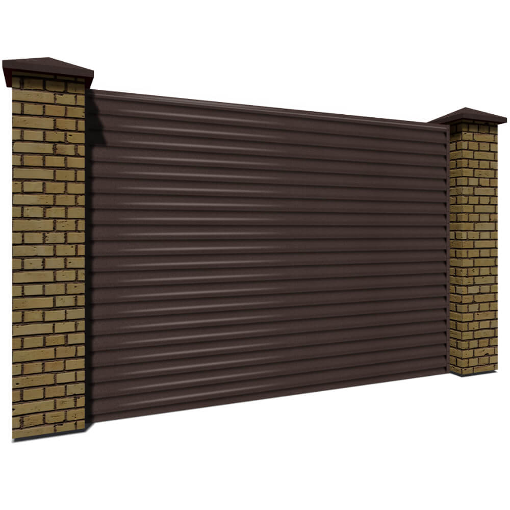 Секция забора жалюзи из ламелей еврожалюзи RAL8017 Коричневый Шоколад Стальной Бархат с кирпичными столбами