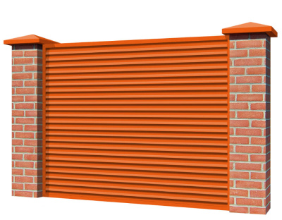 Секция забора жалюзи из ламелей Жалюзи ЭКО-Z RAL2004 Оранжевый с кирпичными столбами