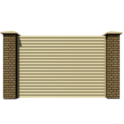 Секция забора жалюзи из ламелей еврожалюзи RAL1014 Бежевый с кирпичными столбами анфас